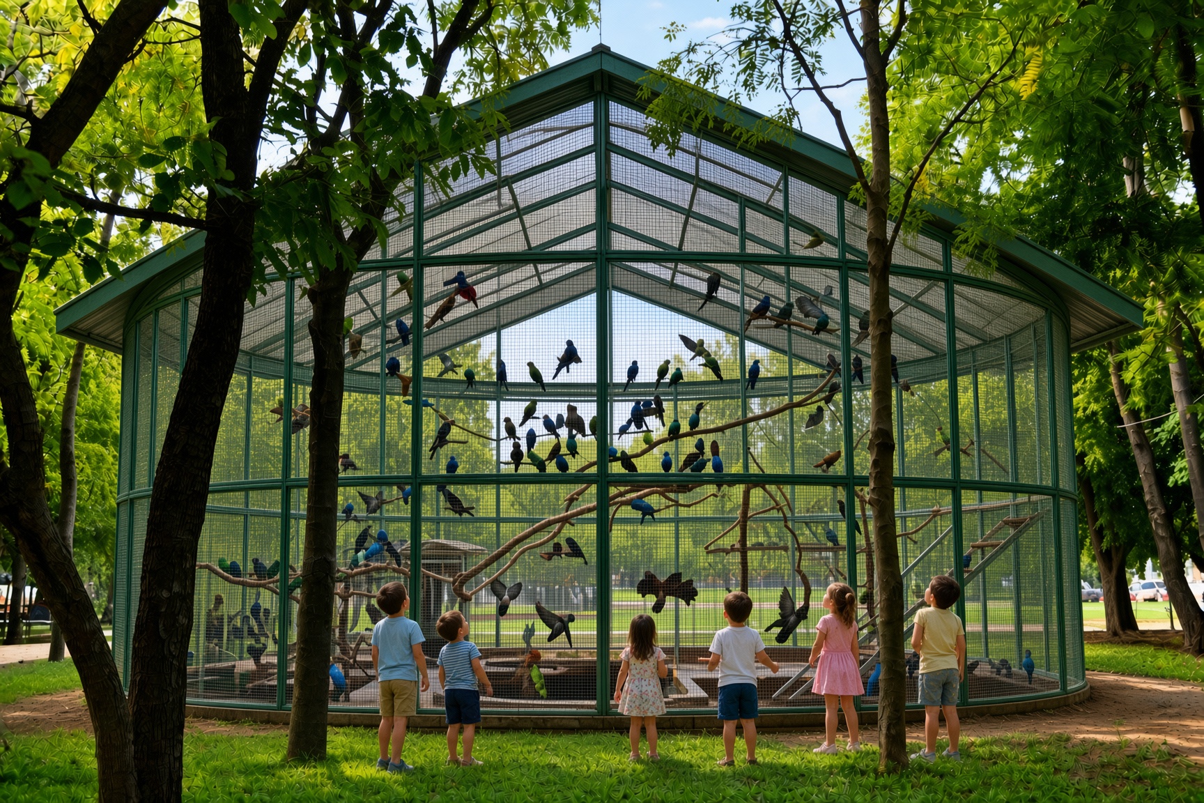 Aviario con aves de diferentes especies en Parque Europa de Torrejón de Ardoz